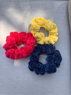 3 Handmade Crochet Velvet Scrunchie Plush Hair Tie Soft Chunky Hair Accessory